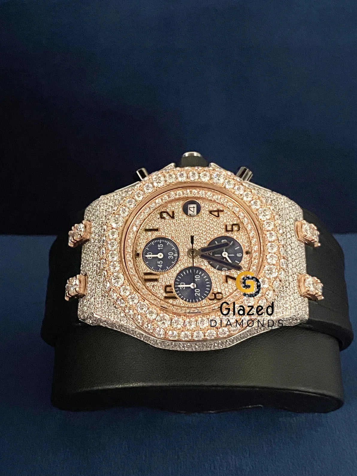 Chronograph Arabic Dial Iced Out Black Silicone Strap Moissanite Watch