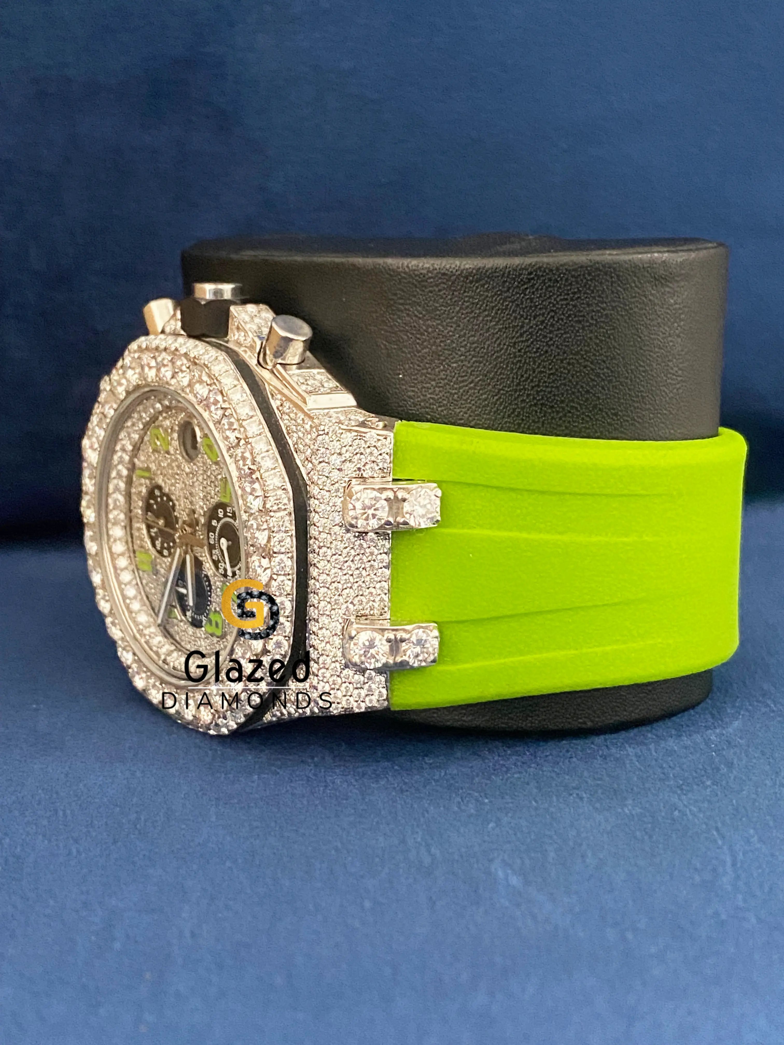 Chronograph Arabic Dial Neon Green Silicone Strap Moissanite Watch
