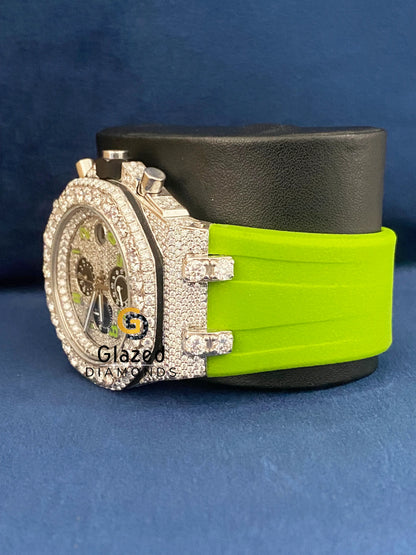 Chronograph Arabic Dial Neon Green Silicone Strap Moissanite Watch