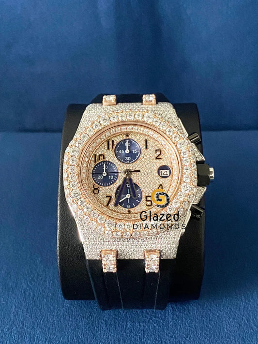 Chronograph Arabic Dial Silicone Black Strap Hip Hop Moissanite Watch