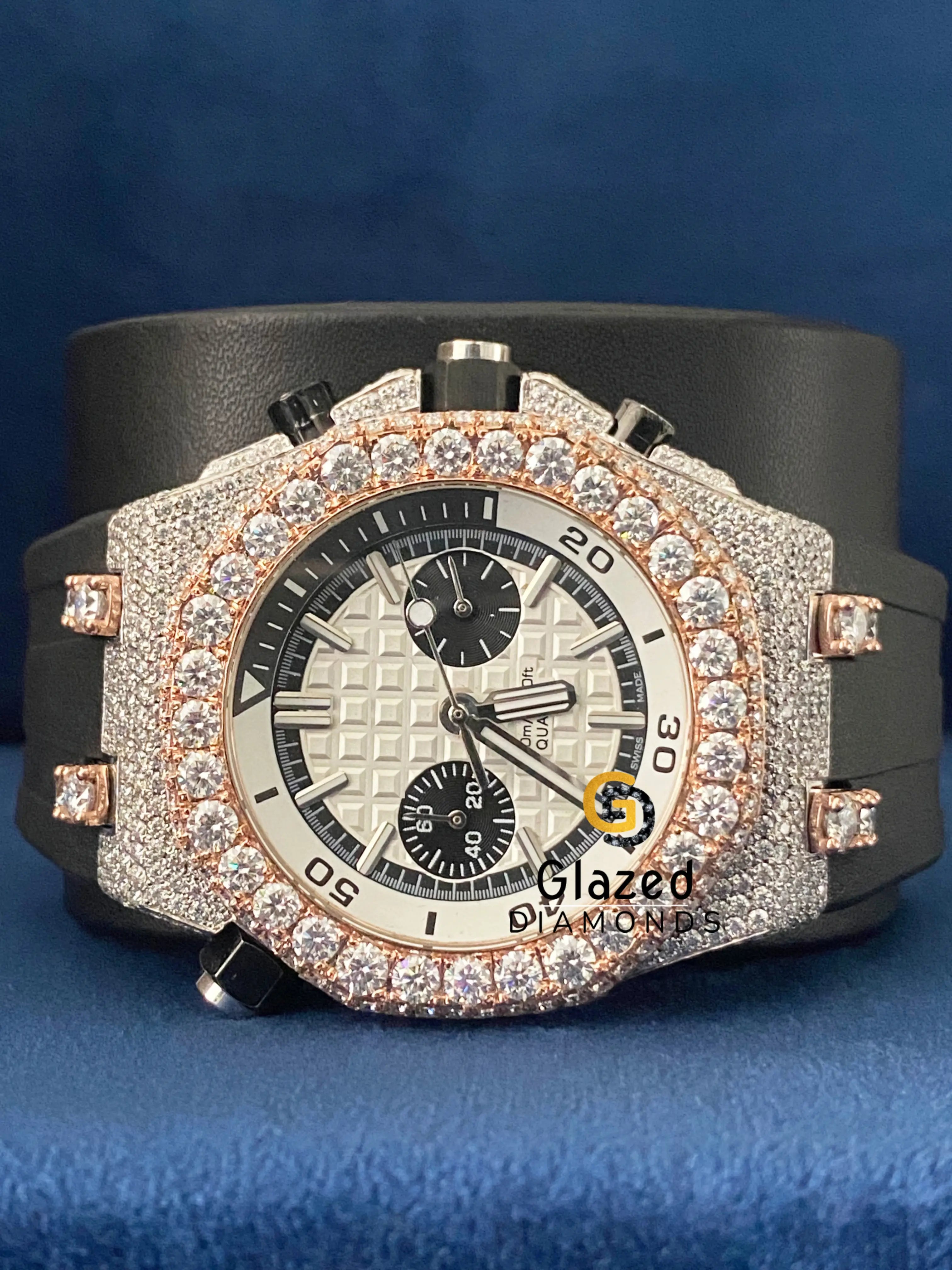 Chronograph Black Silicone Strap VVs Moissanite Diamond Studded Watch