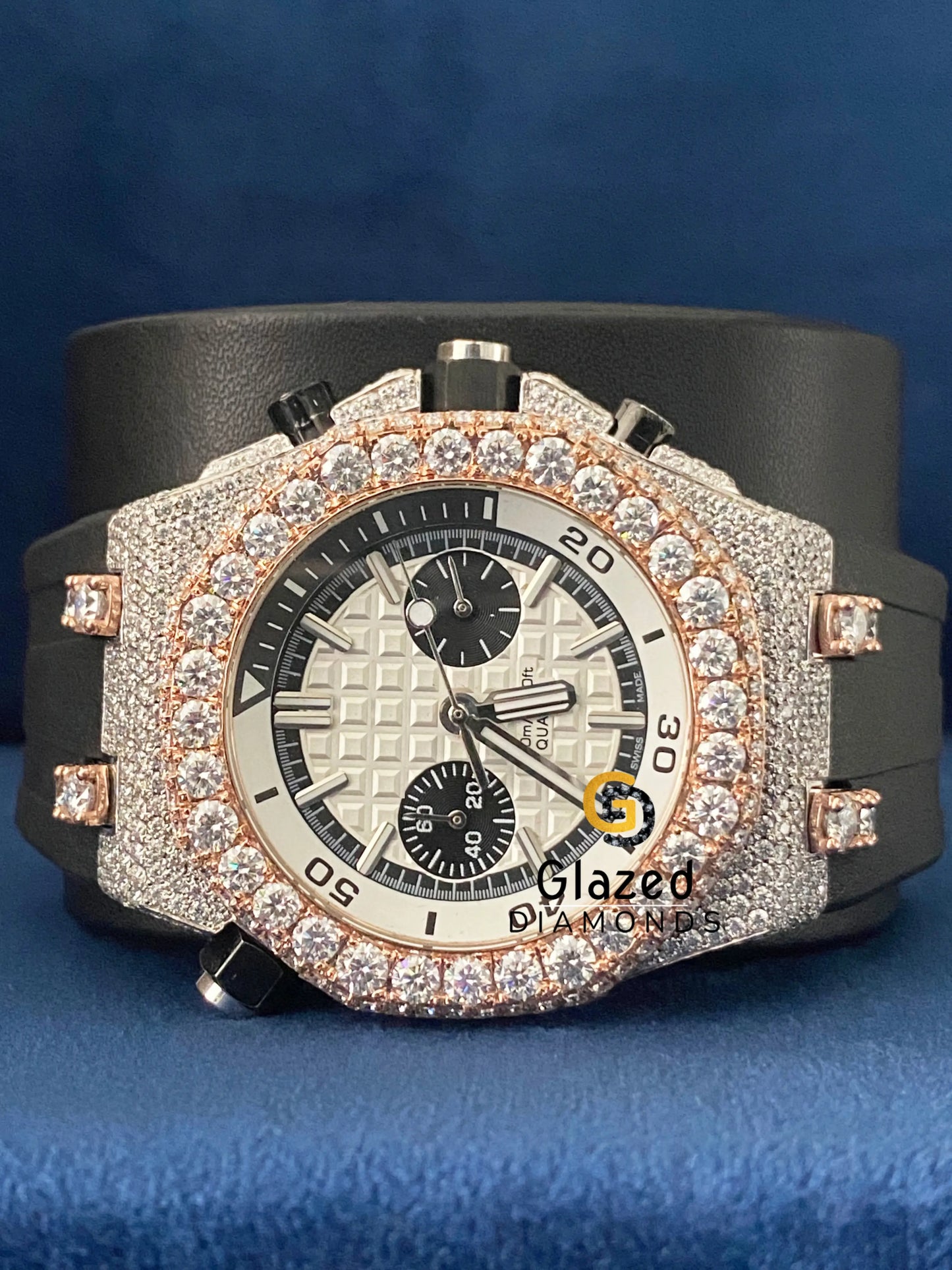 Chronograph Black Silicone Strap VVs Moissanite Diamond Studded Watch
