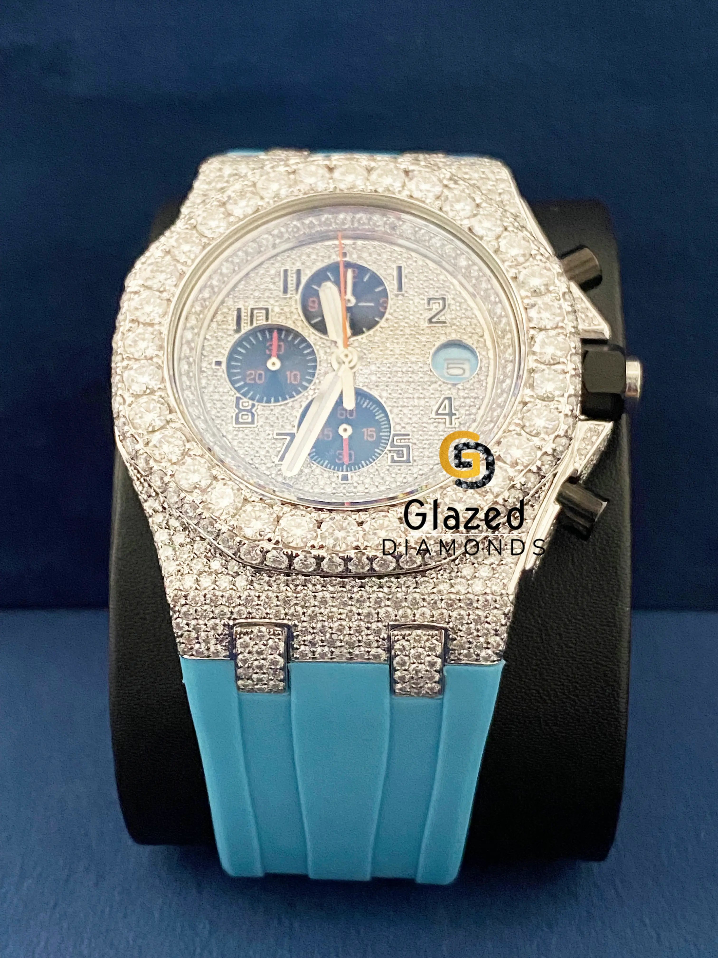 Chronograph Bust Down Silicone Sky Blue Strap VVs Moissanite Watch
