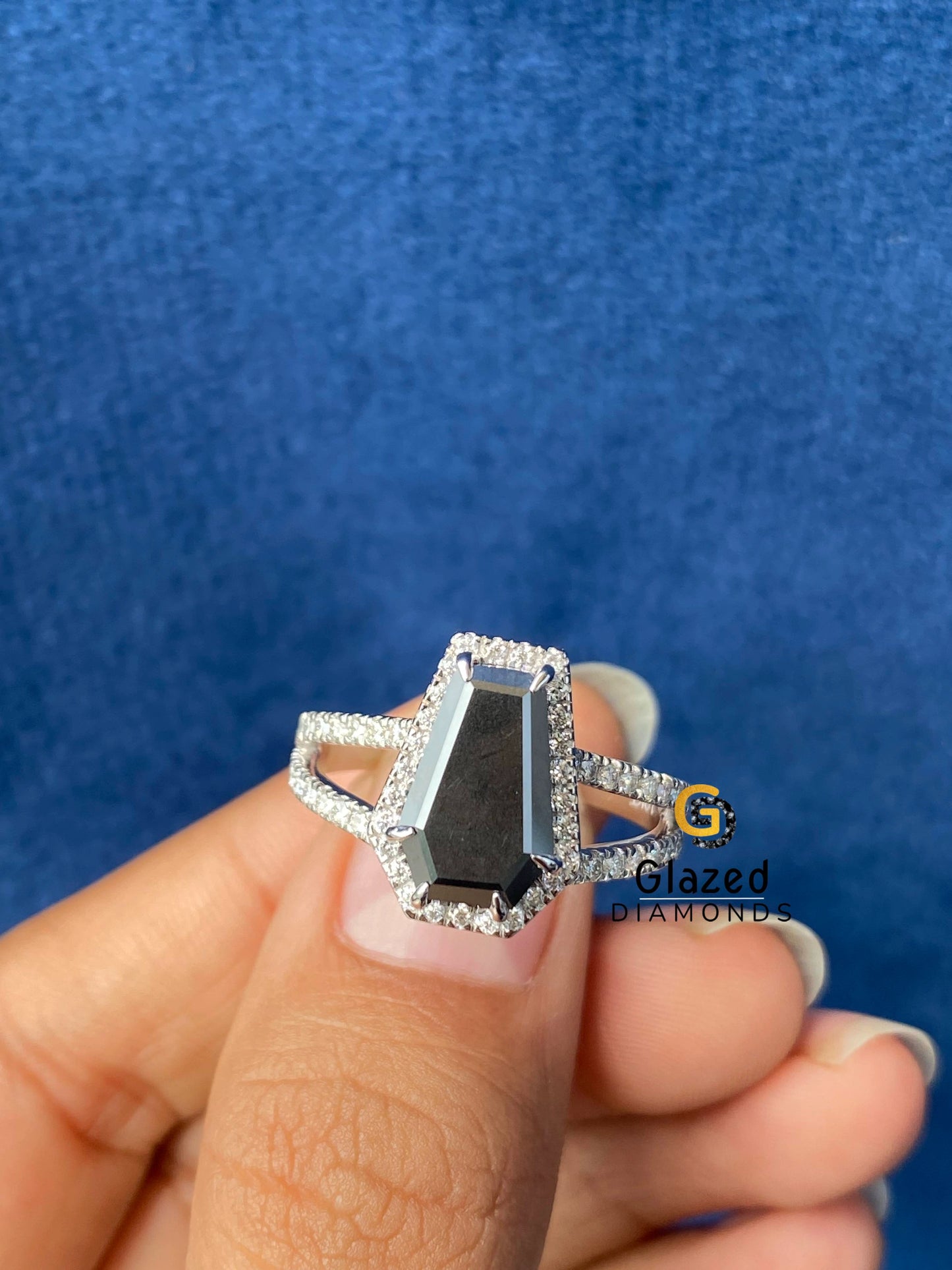 Coffin Shap Black Moissanite Engagement Ring 