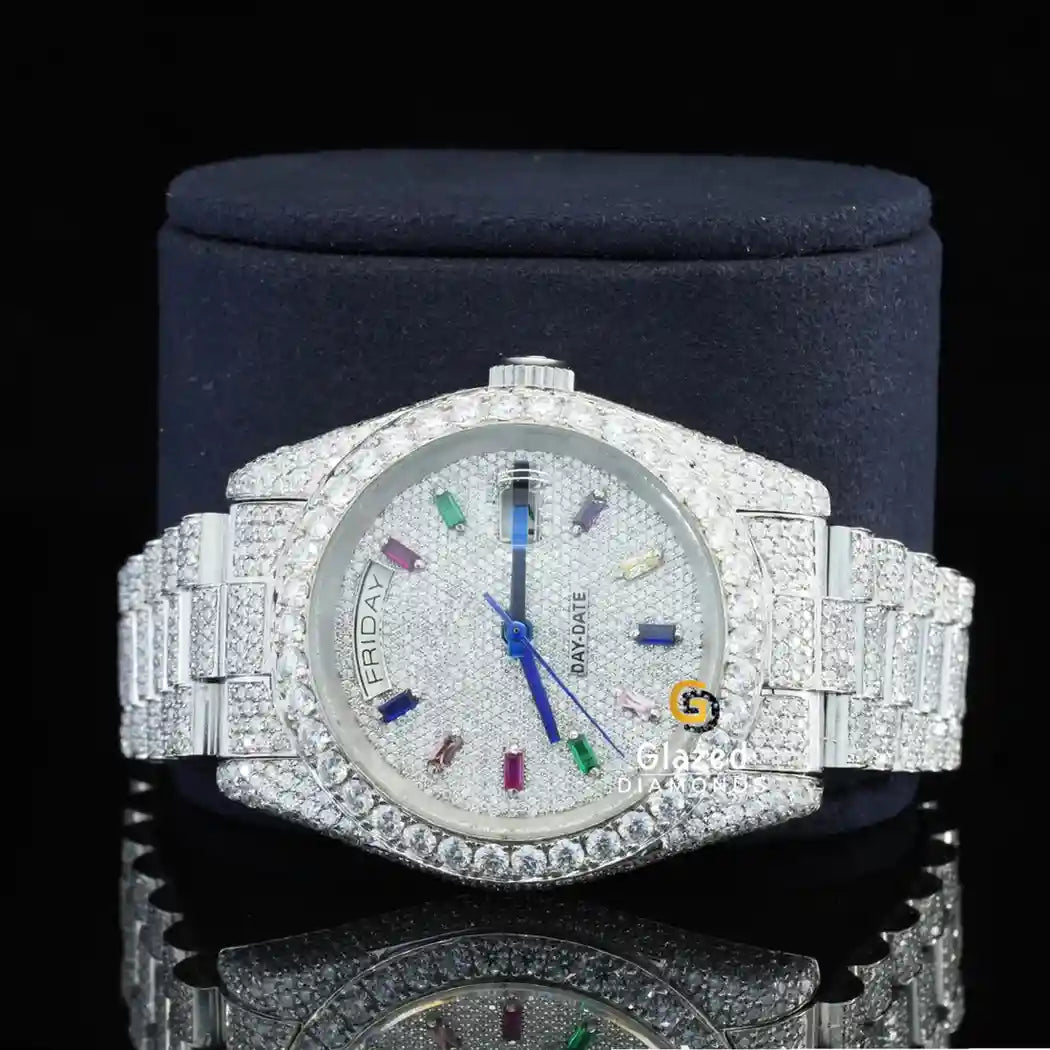 Colord Baguette Dial Fully Moissanite Diamond Watch