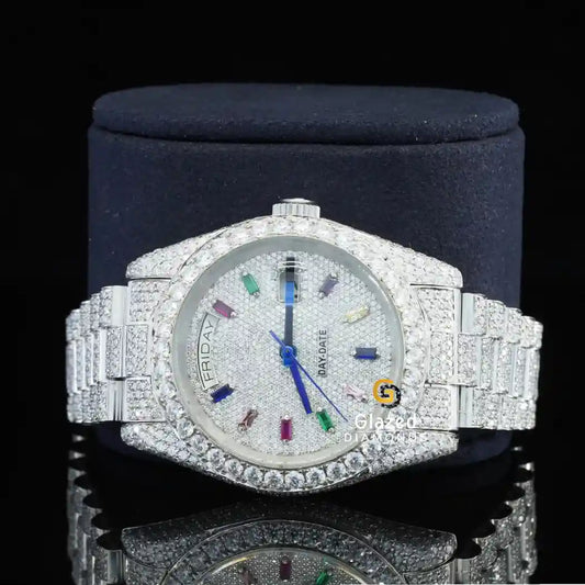 Colord Baguette Dial Fully Moissanite Diamond Watch