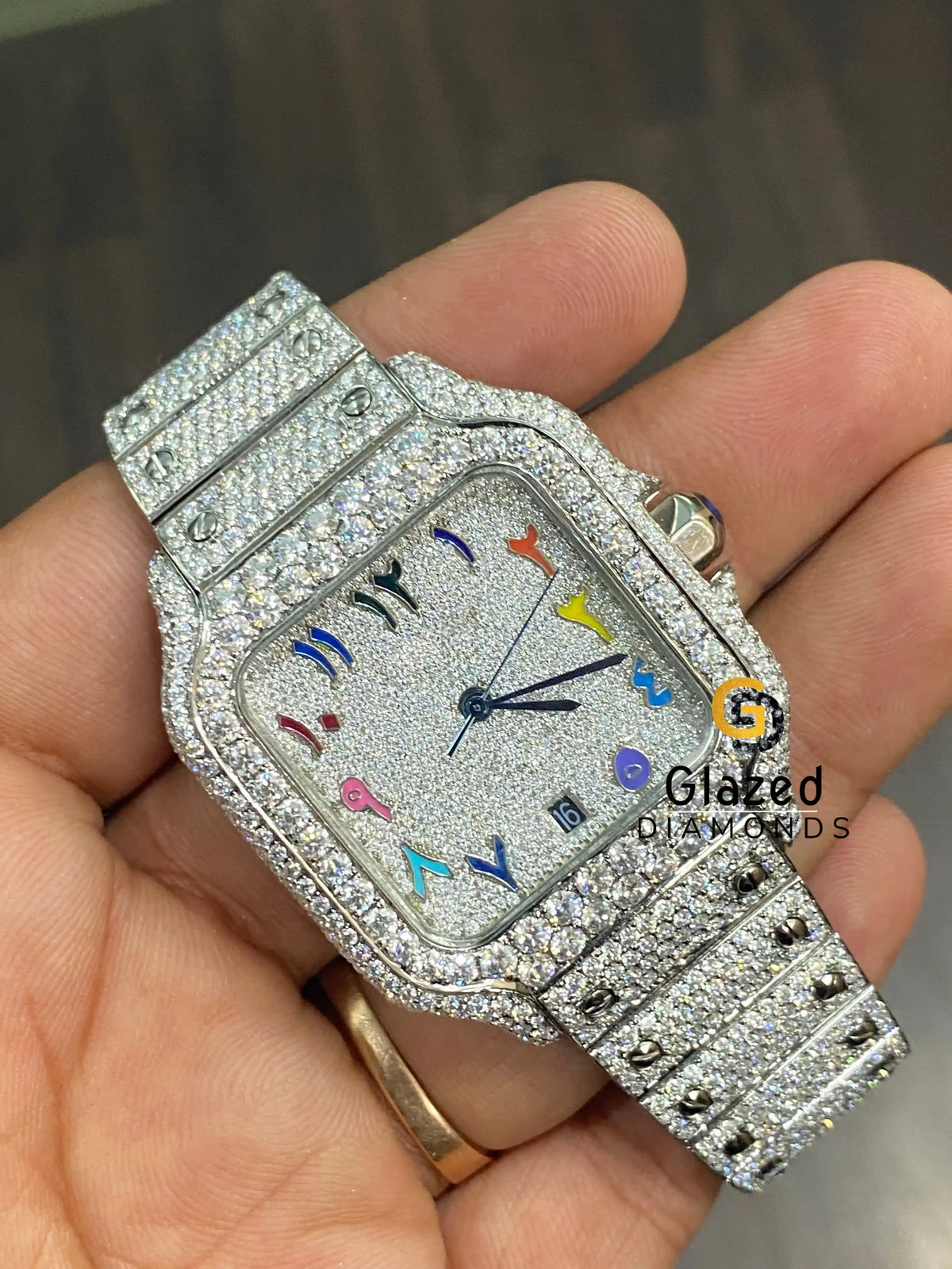 Colorful Arabic Numerals Fully Bust Down Moissanite Watch