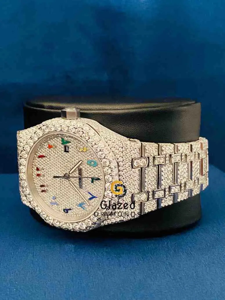 Colorful Arabic Number Dial Diamond Studded Moissanite Watch