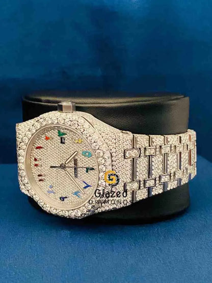 Colorful Arabic Number Dial Diamond Studded Moissanite Watch