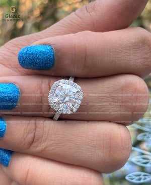 3 Ct Cushion Cut VVS Moissanite Halo Engagement Rings