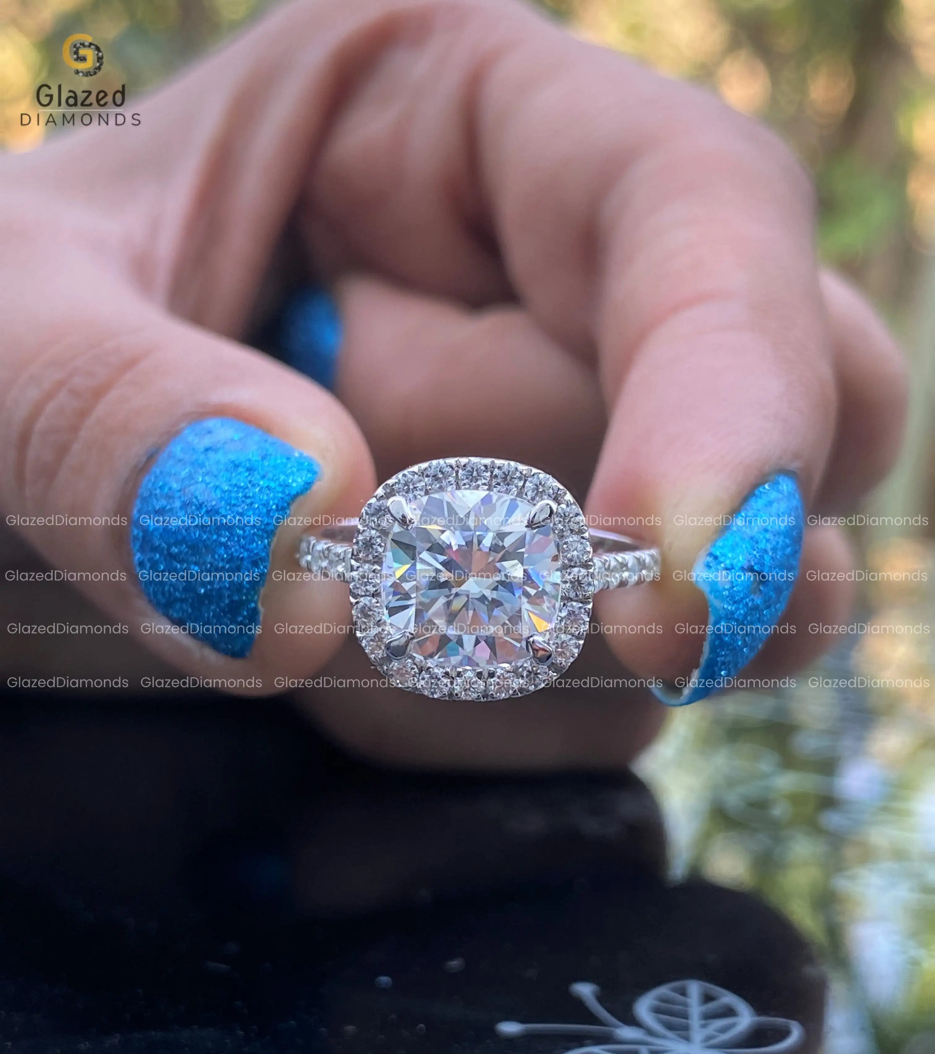 Cushion Cut Moissanite Halo Engagement Ring 