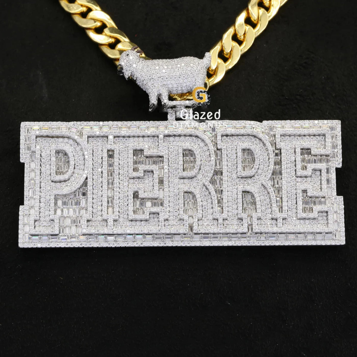 Custom PIERRE Name Iced Out Baguette and Round Moissanite Pendant