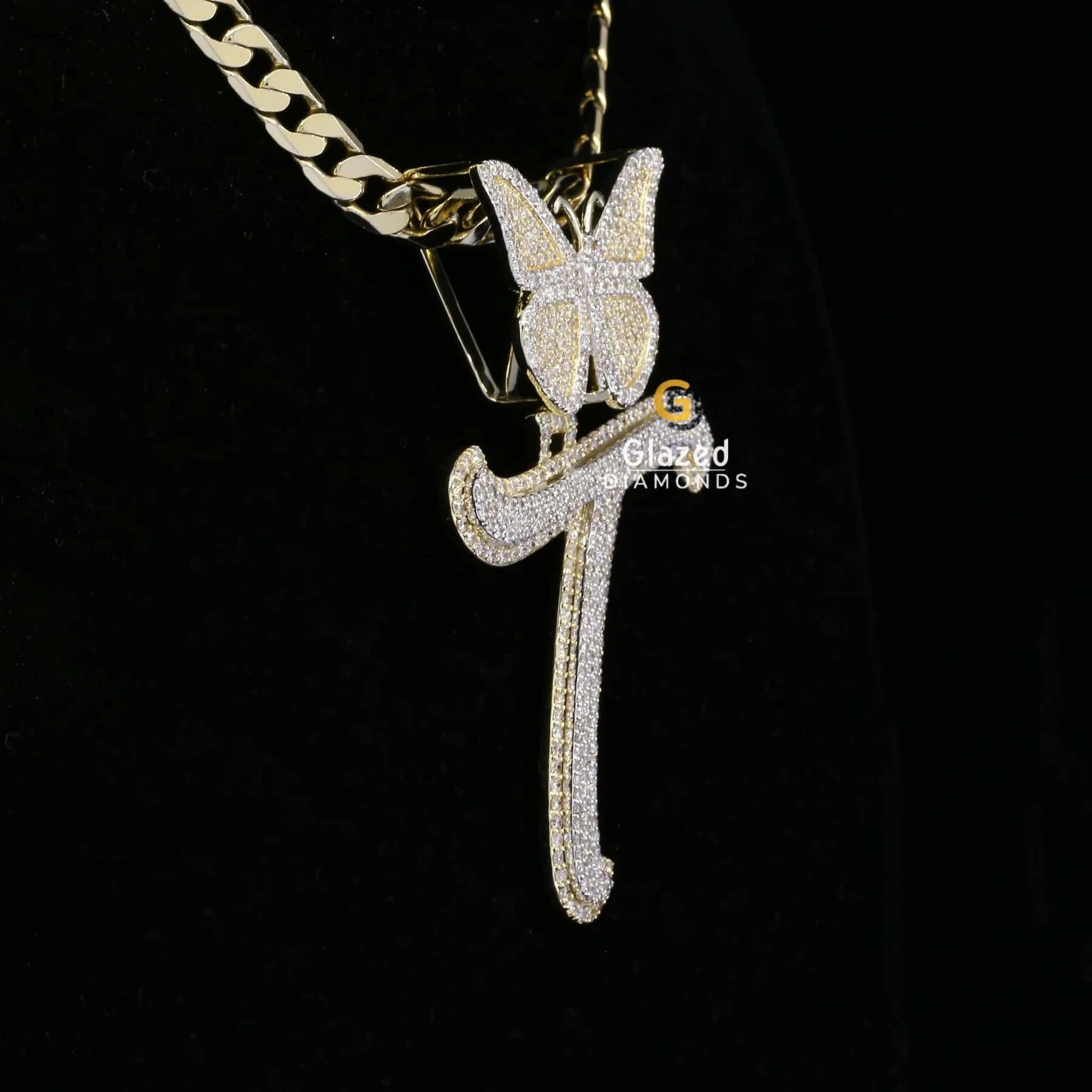 Iced Out Initial T Letter With Butterfly Moissanite Bust Down Pendant