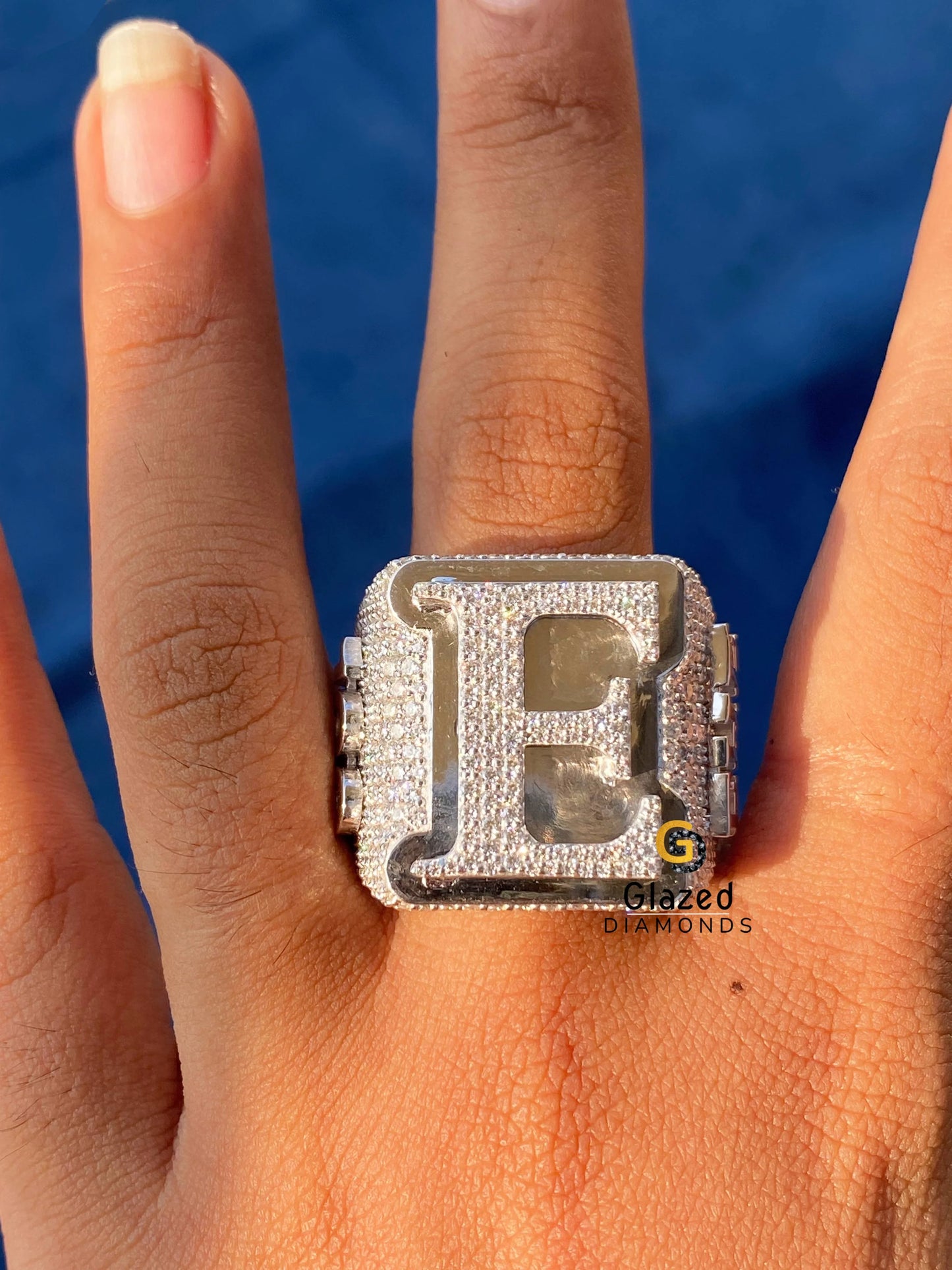 Custom E Letter Bust Down Ring