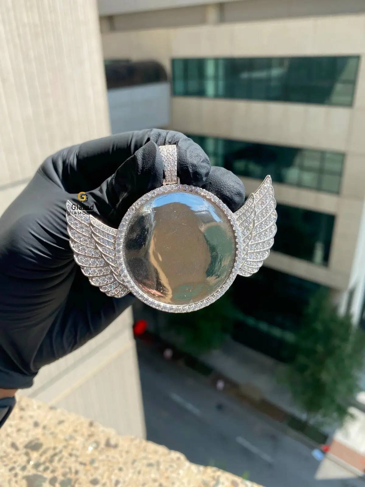 Custom Made Photo Angel Wings Round Memory Pendant