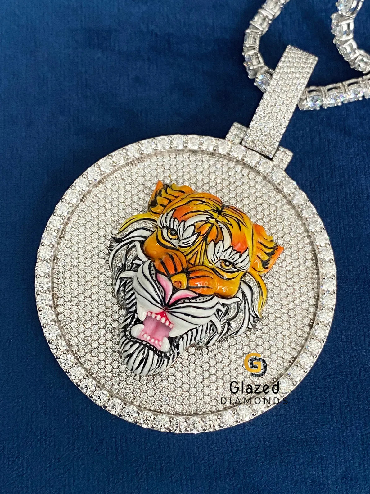 Custom Tiger Enamel Diamond Studded Round VVs Moissanite Pendant