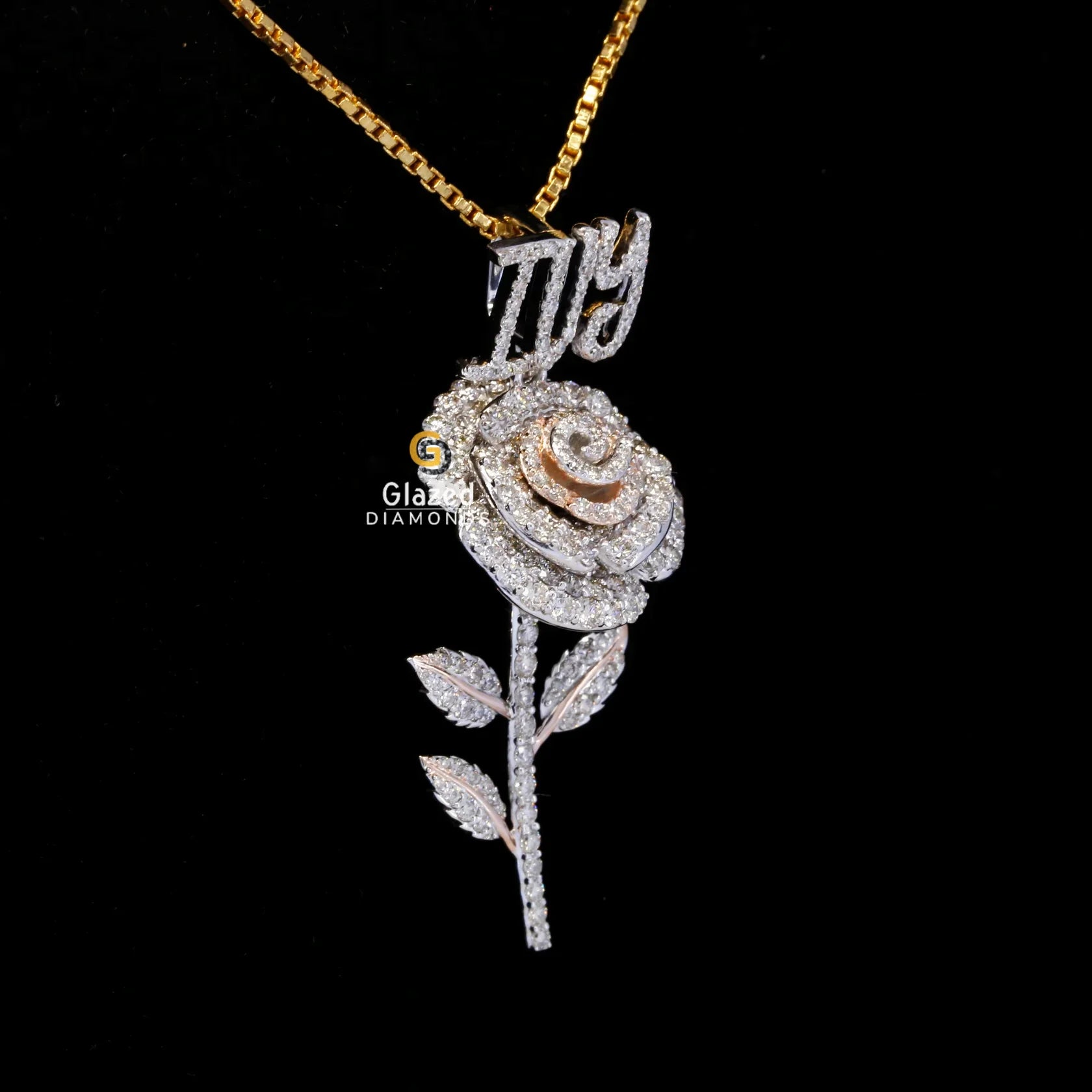 Unique Iced Out Moissanite Diamond Rose with Custom Name Pendant