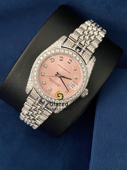 Pink Dial Fully Iced Out Moissanite Diamond Studded Watch