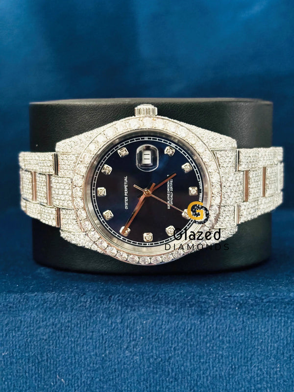 D Colorless Blue Dial Fully Bust Down Moissanite Watch