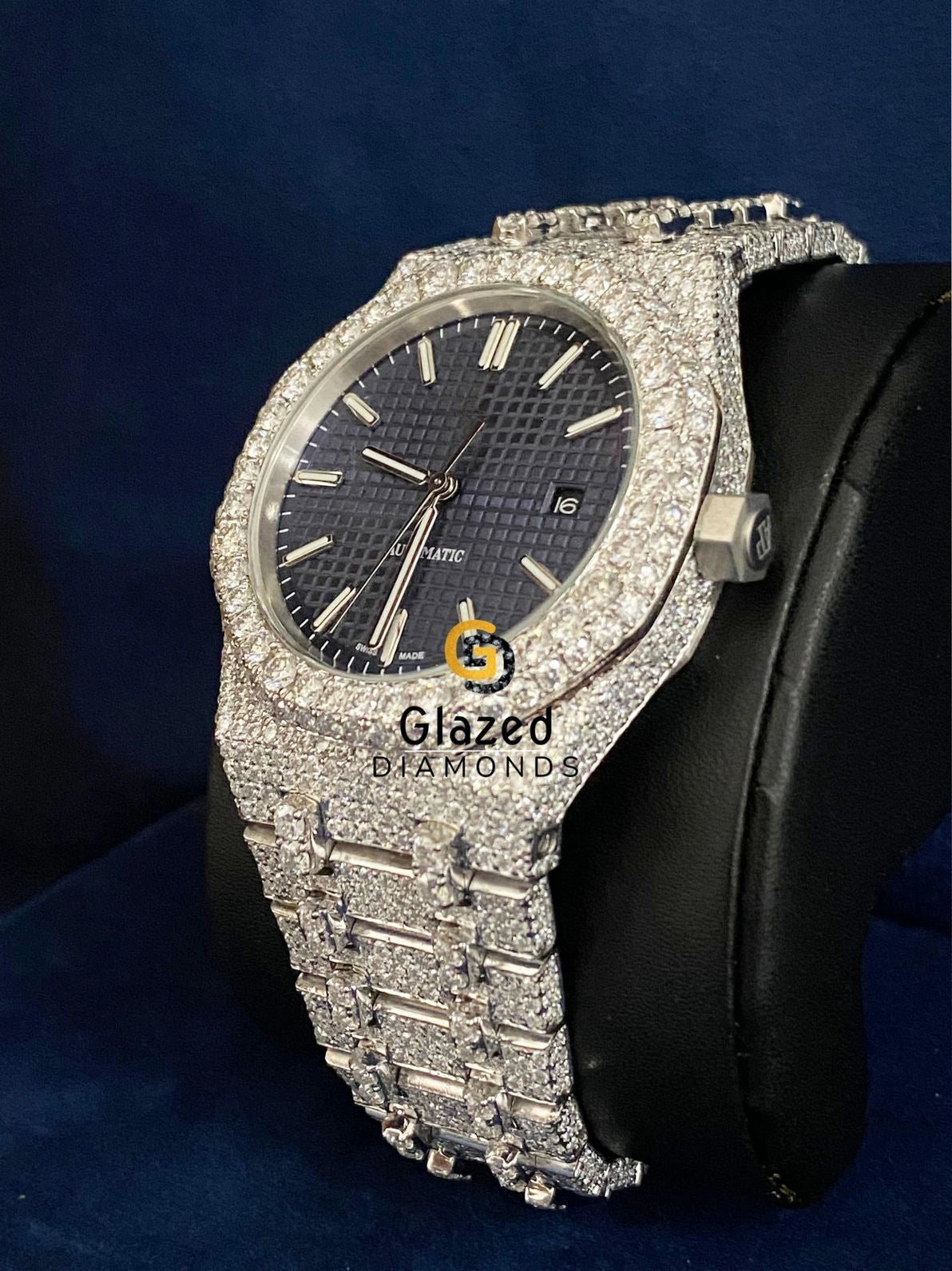 D Colorless Fully Iced Out Blue Dial Moissanite Watch