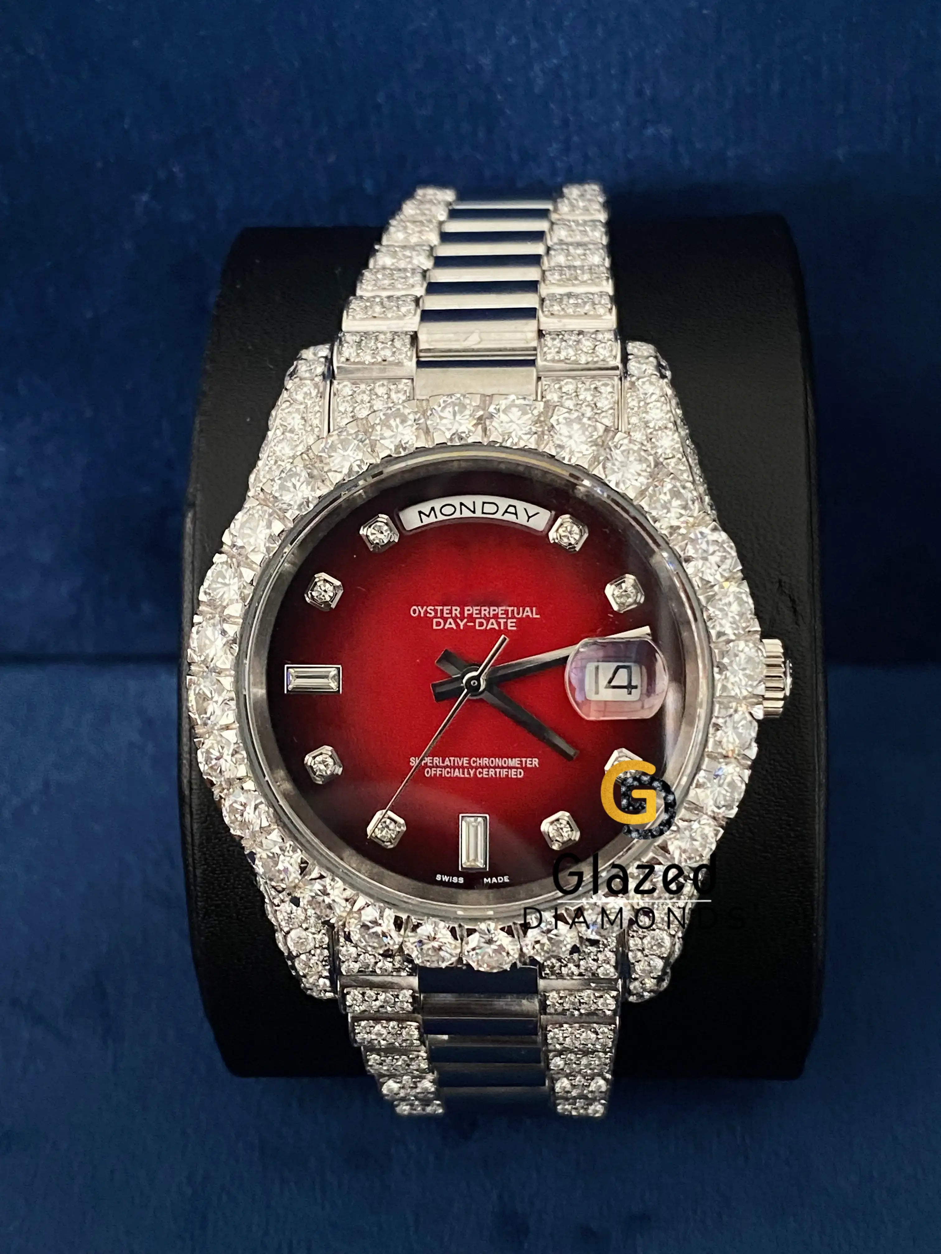 D Colorless Moissanite VVS Bust Down Day Date Red Dial Watch