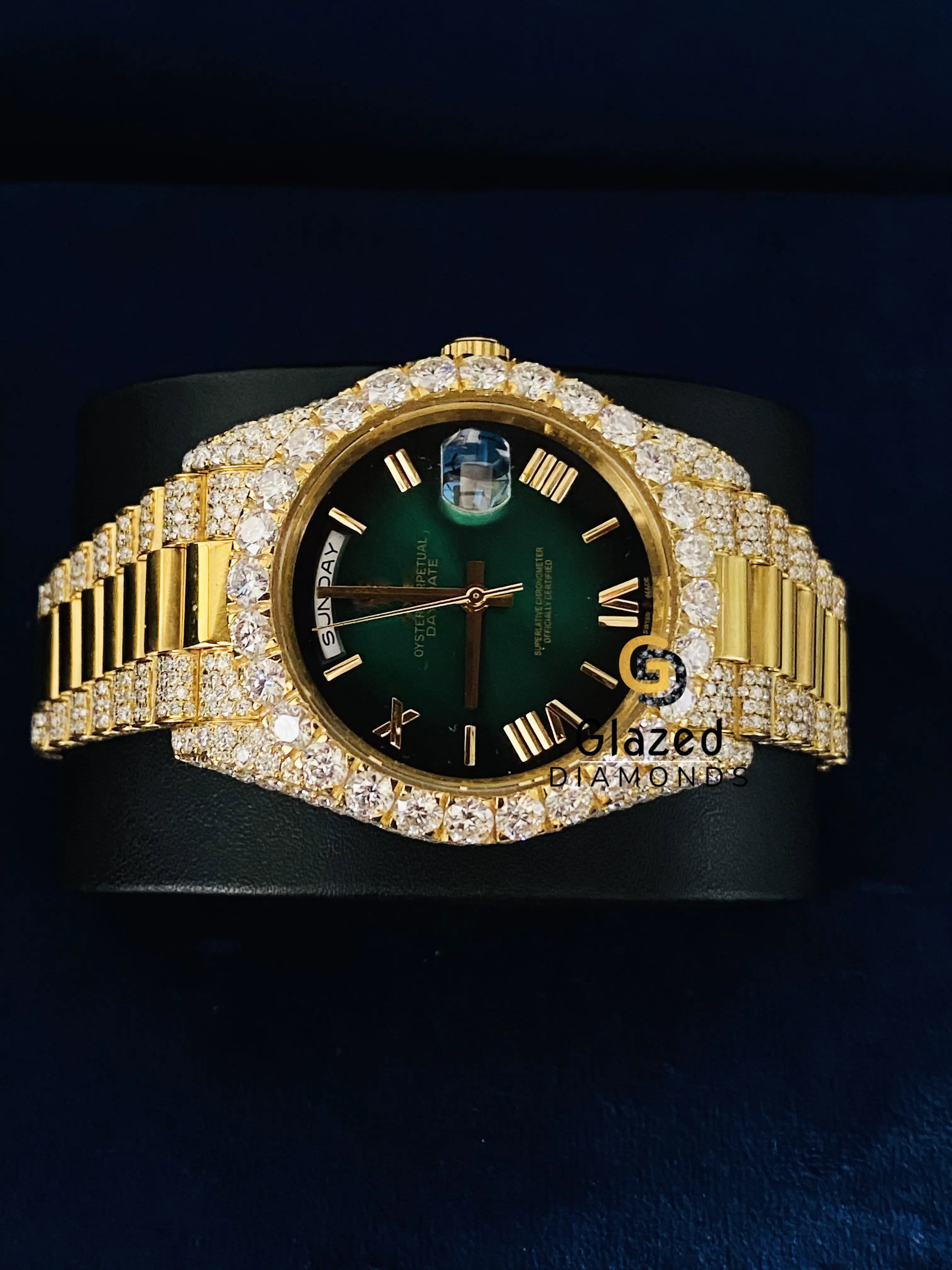 D Colorless Roman Green Dial Presidential Strap Moissanite Watch