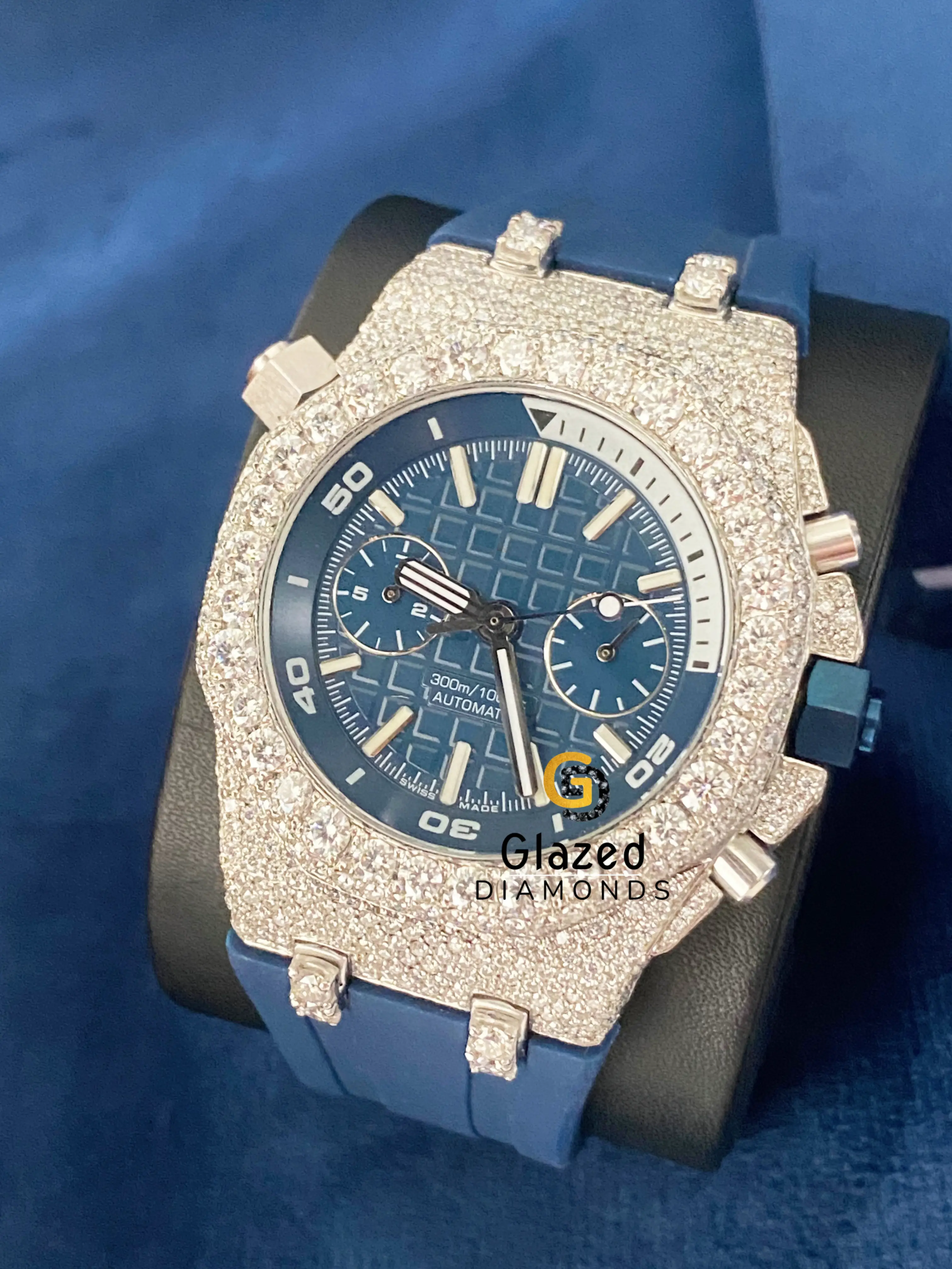 D Colorless Stick Dial Chronograph Blue Silicone Strap Watch