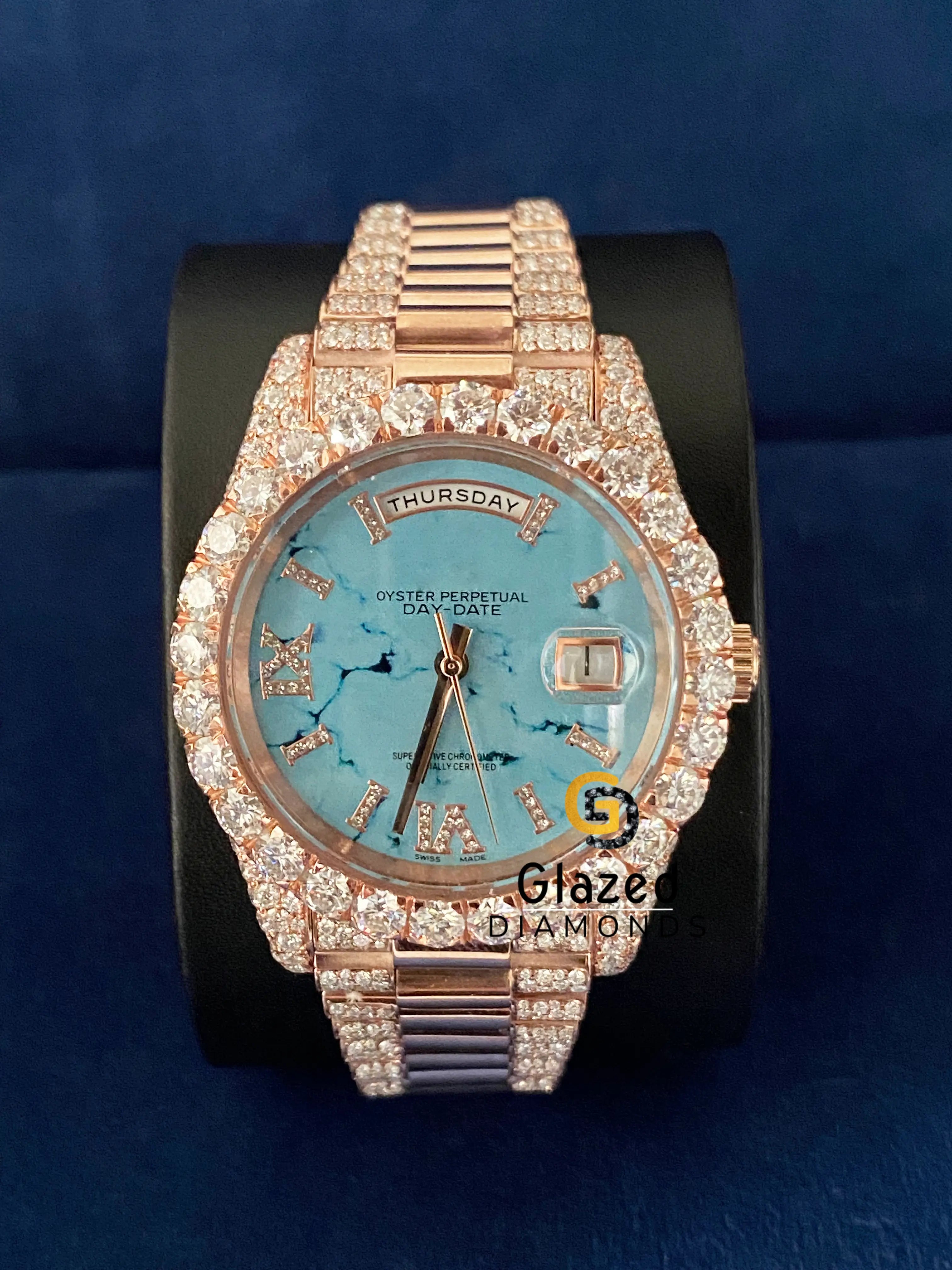 Turquoise Marble Dial Presidential Strap Day Date Moissanite Watch