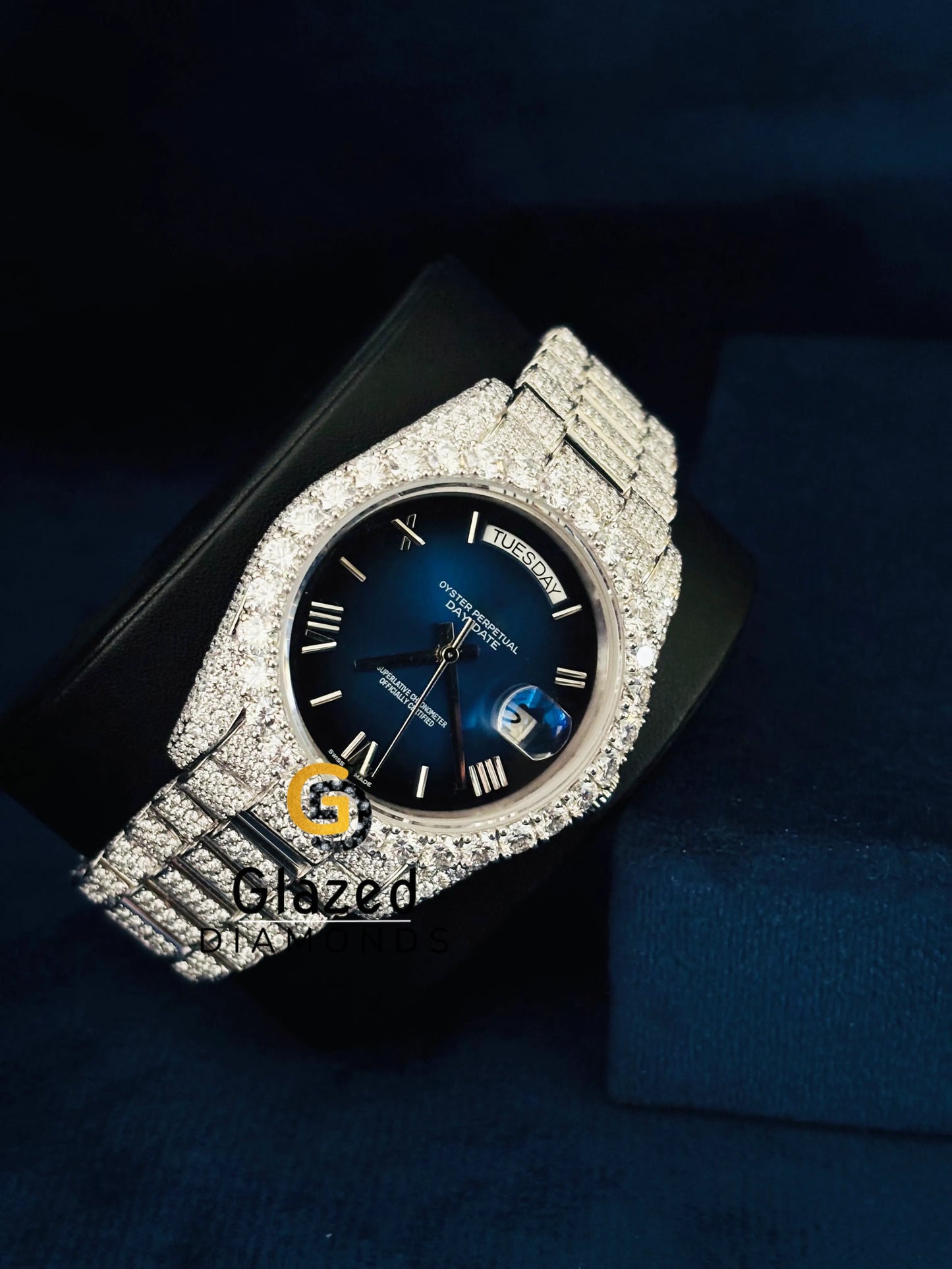 Day Date Moissanite Studded Blue Dial Watch