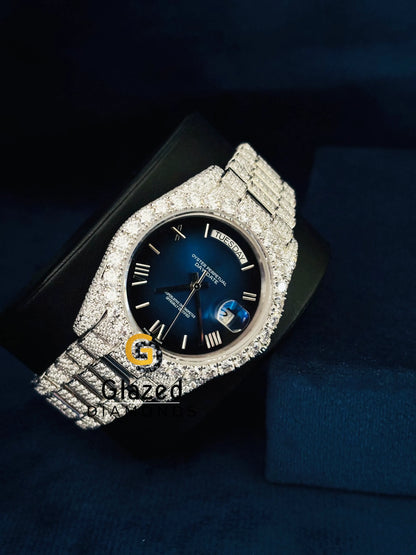 Day Date Moissanite Studded Blue Dial Watch