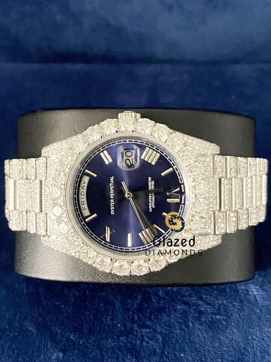Day Date Roman Blue Dial Fully Iced Out Moissanite Watch