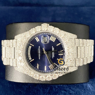 Day Date Roman Blue Dial Fully Iced Out Moissanite Watch