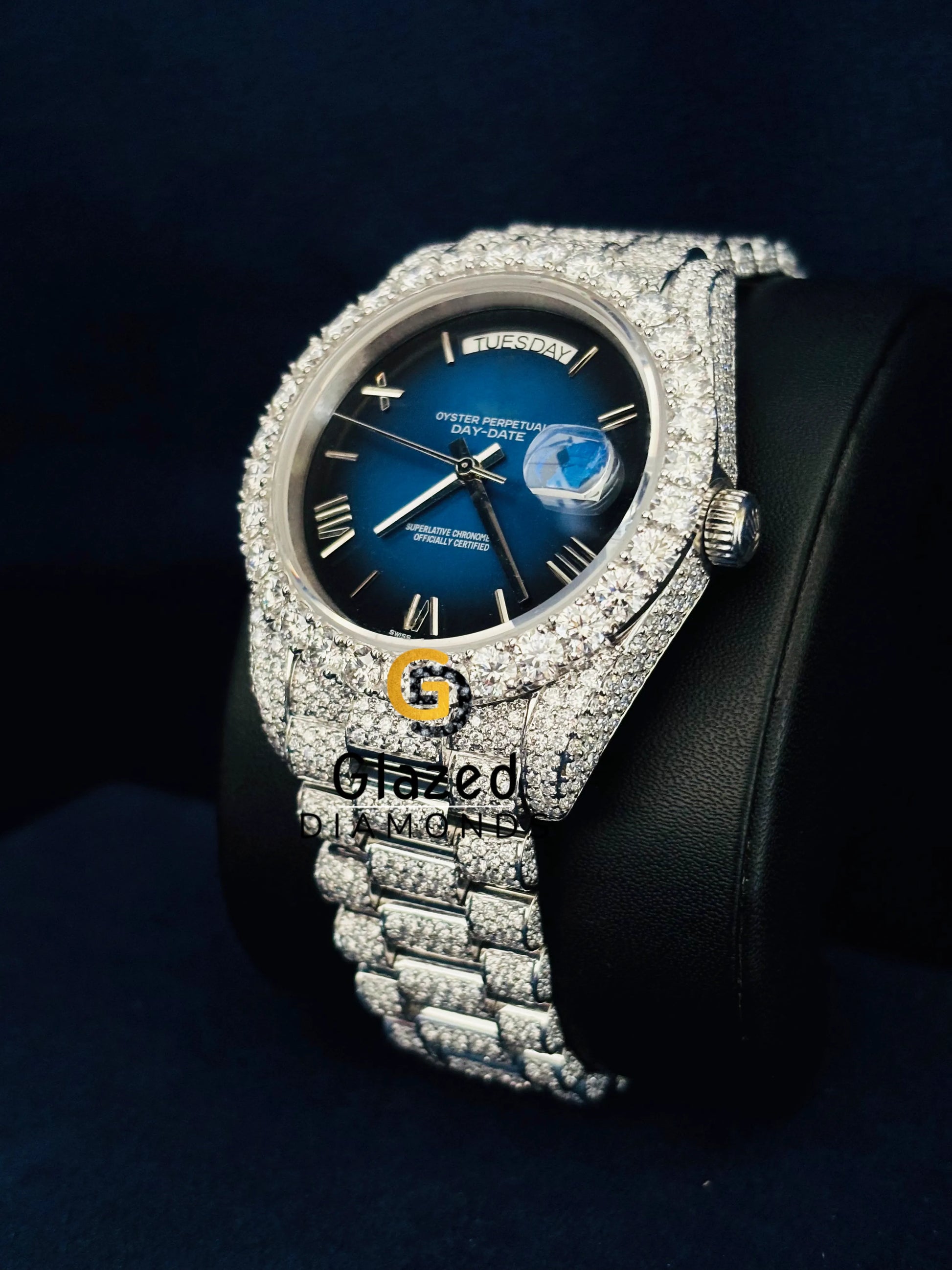 Day Date Roman Number Moissanite Blue Dial Watch