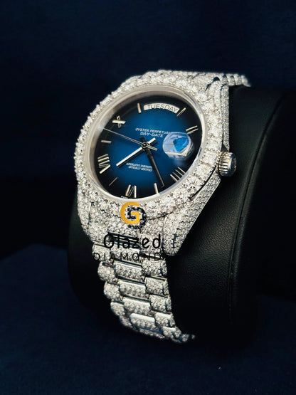 Day Date Roman Number Moissanite Blue Dial Watch