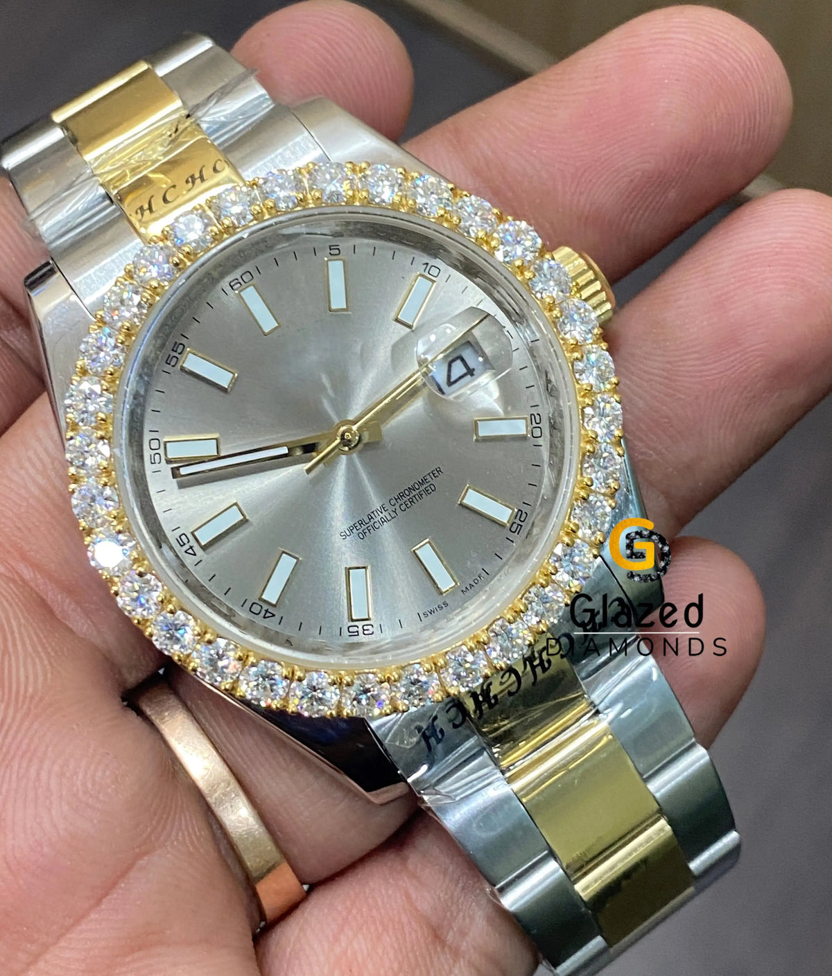 41MM Moissanite Diamond Bezel Set Two Tone Watch For Him