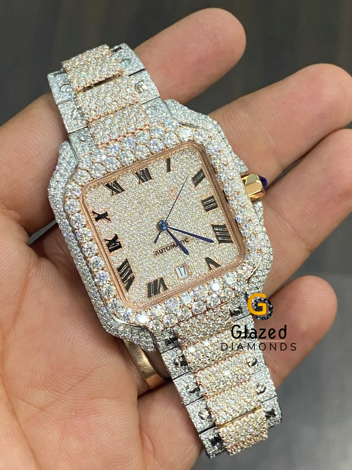 Iced Out Moissanite Diamond Automatic Stainless Steel Hip Hop Watch Mens