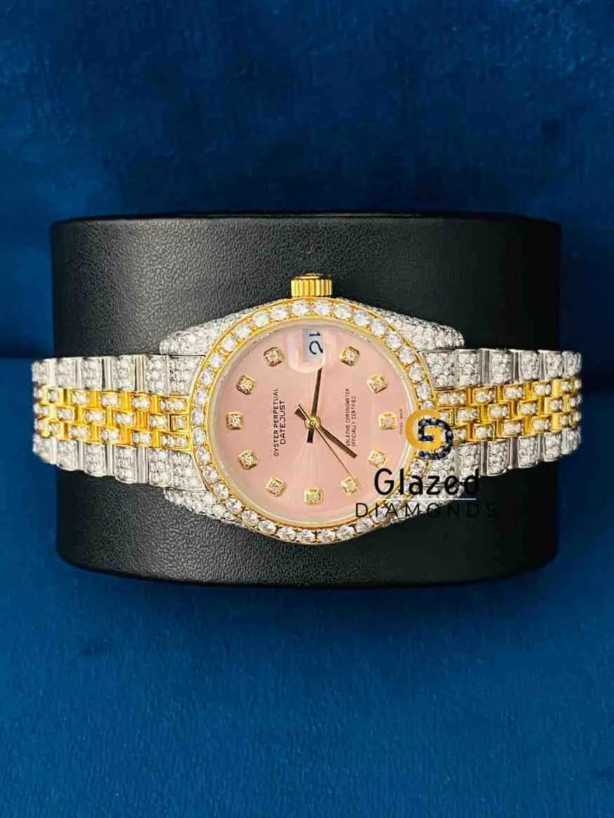 Diamond Studded Pink Dial Bezel Bar Moissanite Hip hop Watch For Women