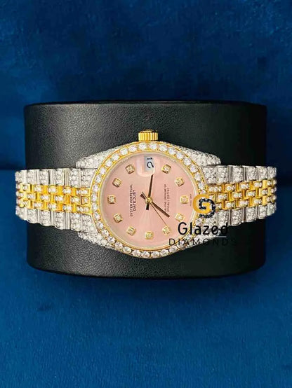 Diamond Studded Pink Dial Bezel Bar Moissanite Hip hop Watch For Women