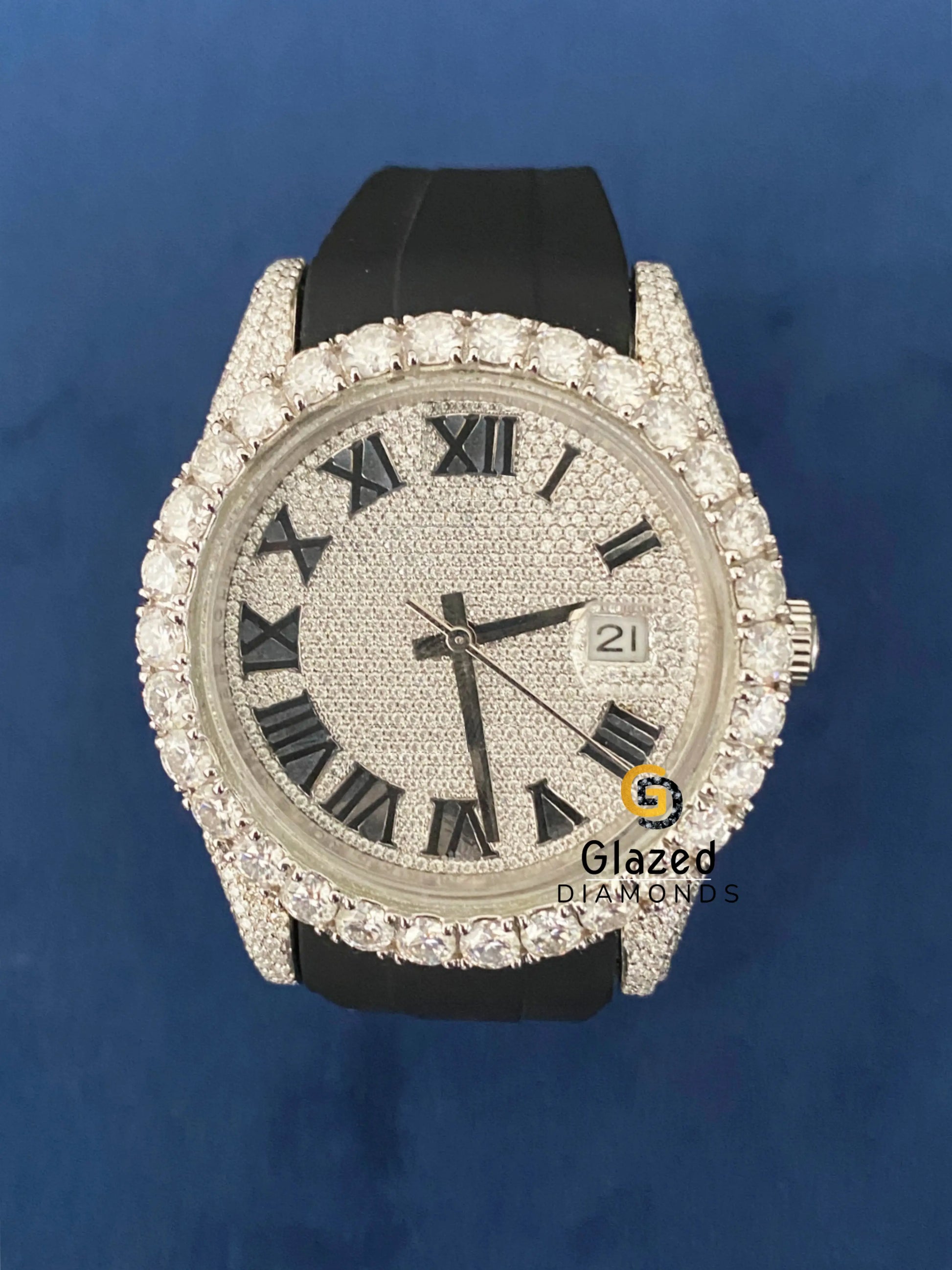 Diamonds Fully Face Dail Silicon Black Strap Icy Bling Moissanite Watch
