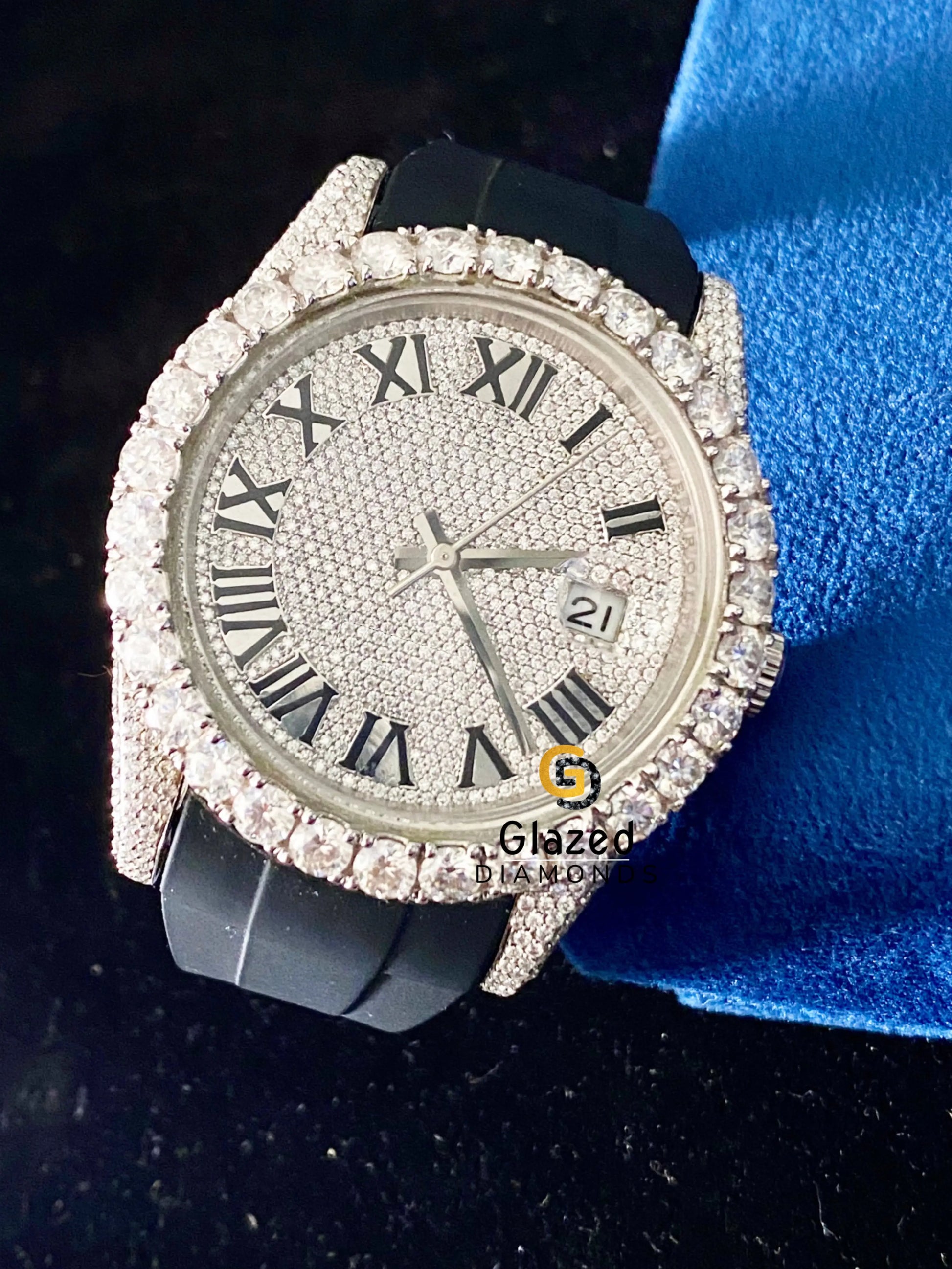 Diamonds Fully Iced Out Roman Dial Silicon Black Strap Icy Bling Moissanite Watch