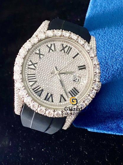 Diamonds Fully Iced Out Roman Dial Silicon Black Strap Icy Bling Moissanite Watch