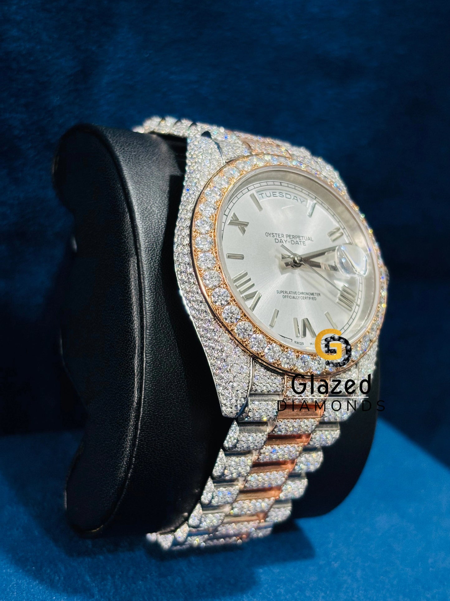 Two Tone Light Silver Sunburst Dial Moissanite Watch