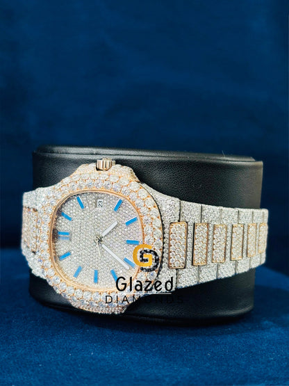 Dual Tone Moissanite Sky Blue Stick Bar Watch For Him