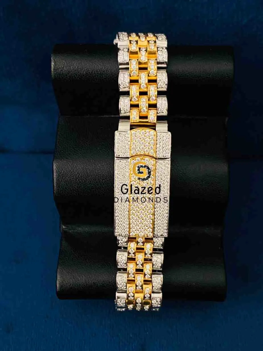 Dual Tone Pink Dial Bezel Bar Moissanite Hip Hop Watch