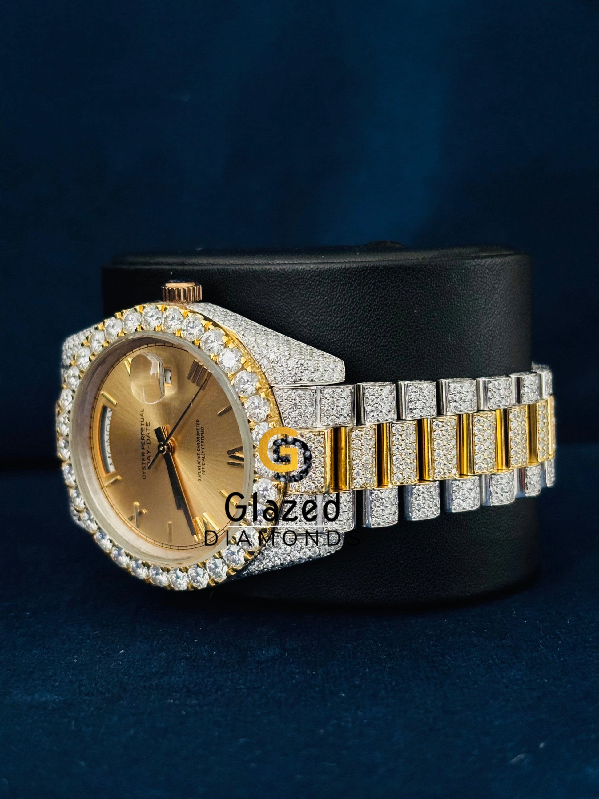 Dual Tone Roman Number Iced Out Moissanite Watch