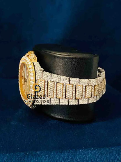 41MM Duel Tone Fully Iced Out Moissanite Wrist Watch