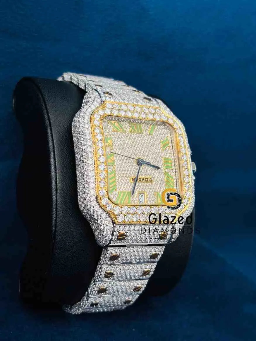 Duel Done Roman Number Dial Hip Hop Moissanite Watch