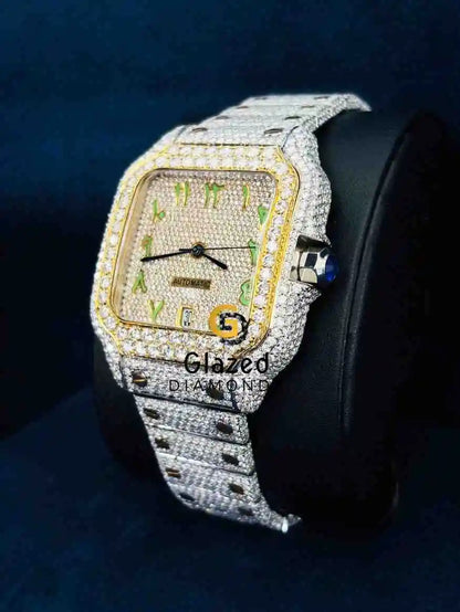 Duel Tone Arabic Number Dial Hip Hop Moissanite Watch 