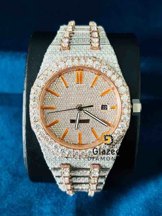 Duel Tone Orange Stick Dial Moissanite Watch