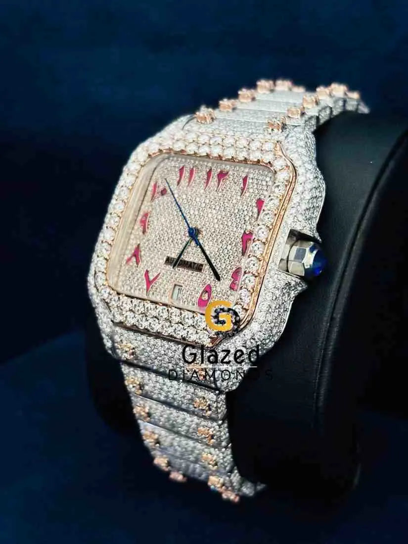 Duel Tone Pink Arabic Dial Hip Hop Moissanite Watch 